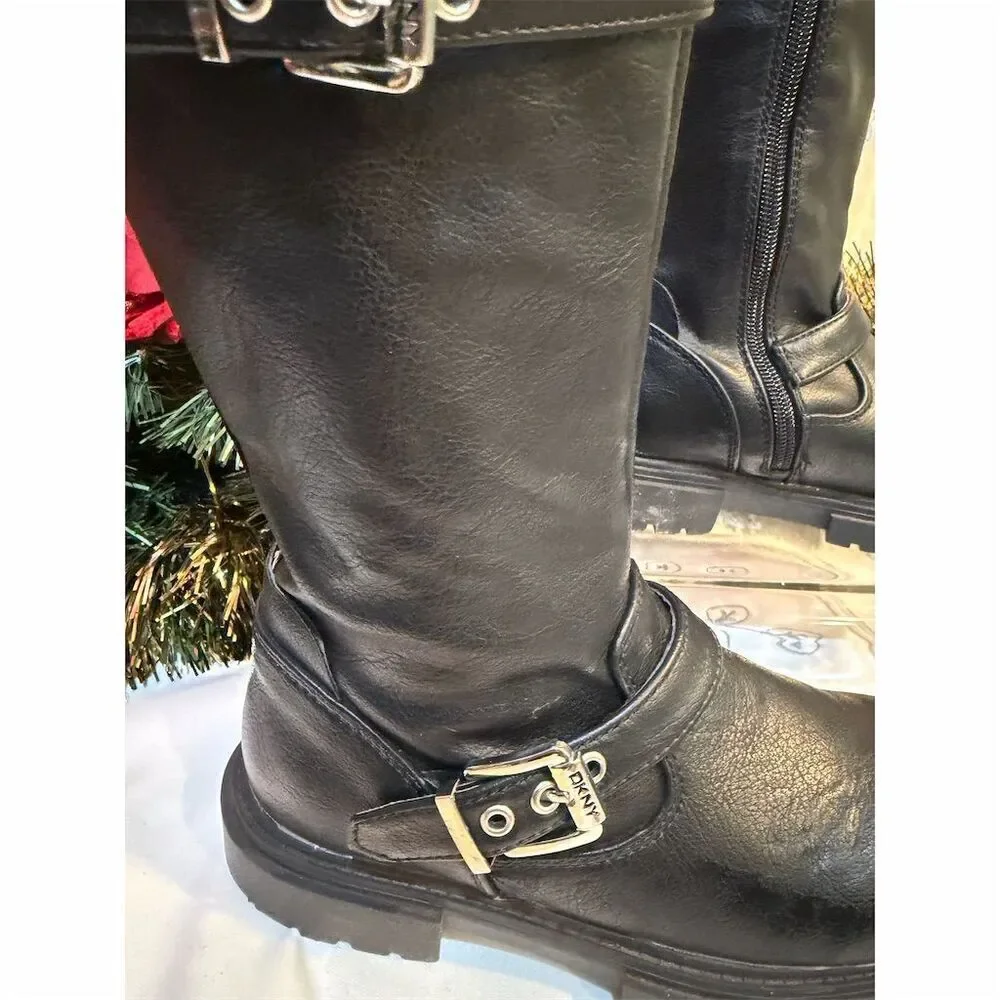 DKNY Girls' Black Moto Boots with Buckle Details and Side Zip